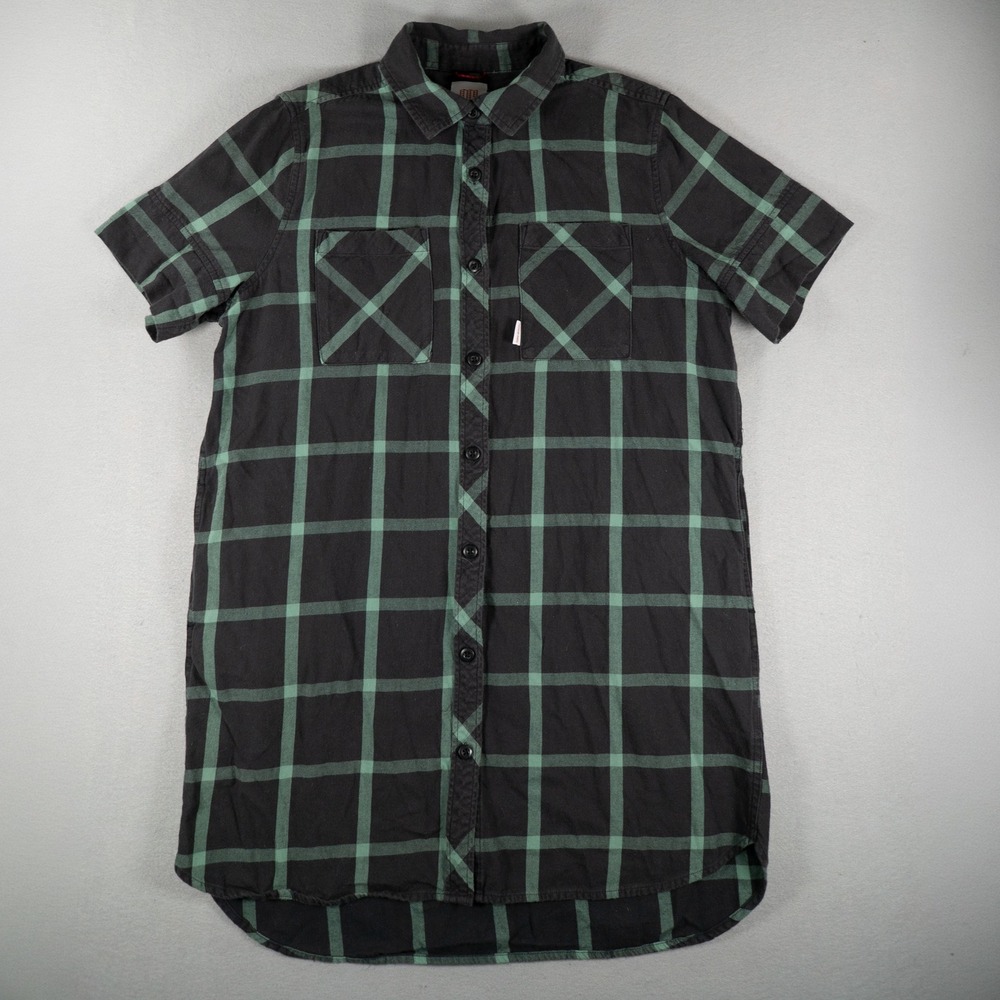 Topo Designs Womens Shirt Dress Large Short Sleeve Plaid Organic Cotton Green L